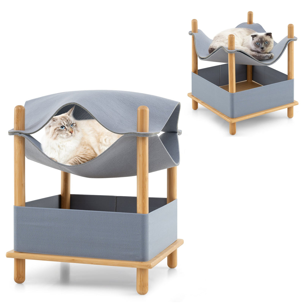 Casa de madera de 2 niveles para gatos con condominio semicerrado y ropa extraíble - Gris