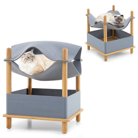 Casa de madera de 2 niveles para gatos con condominio semicerrado y ropa extraíble - Gris