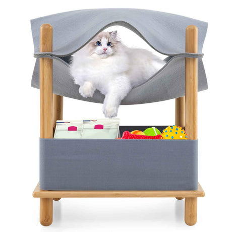 Casa de madera de 2 niveles para gatos con condominio semicerrado y ropa extraíble - Gris