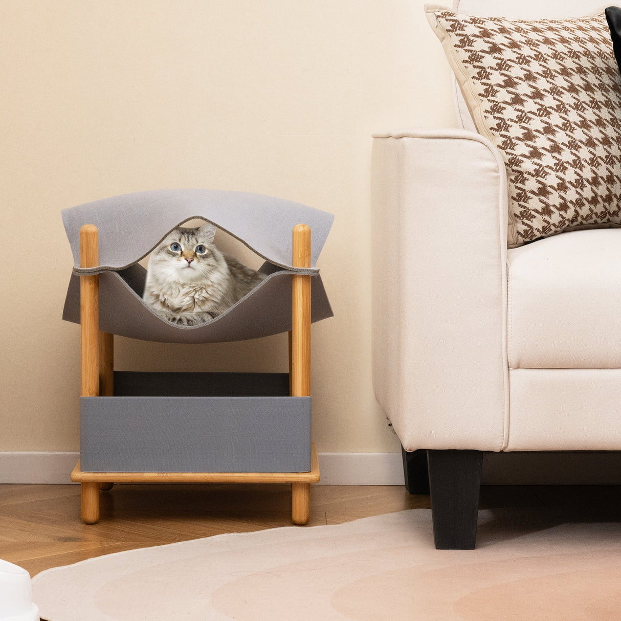 Casa de madera de 2 niveles para gatos con condominio semicerrado y ropa extraíble - Gris