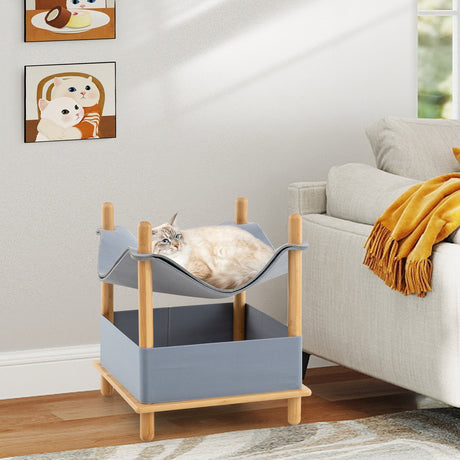 Casa de madera de 2 niveles para gatos con condominio semicerrado y ropa extraíble - Gris