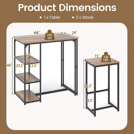 Juego de mesa de bar de 3 piezas para 2, mesa de comedor con altura de bar con 2 taburetes, marrón rústico