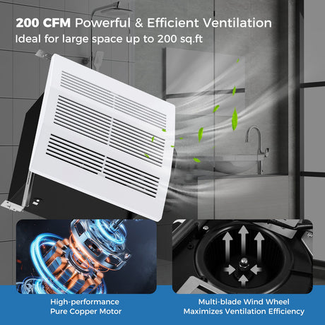 Extractor de aire para baño de 200 CFM con carcasa metálica y conducto de 6 pulgadas para 18.5 m²