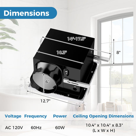 Extractor de aire para baño de 200 CFM con carcasa metálica y conducto de 6 pulgadas para 18.5 m²