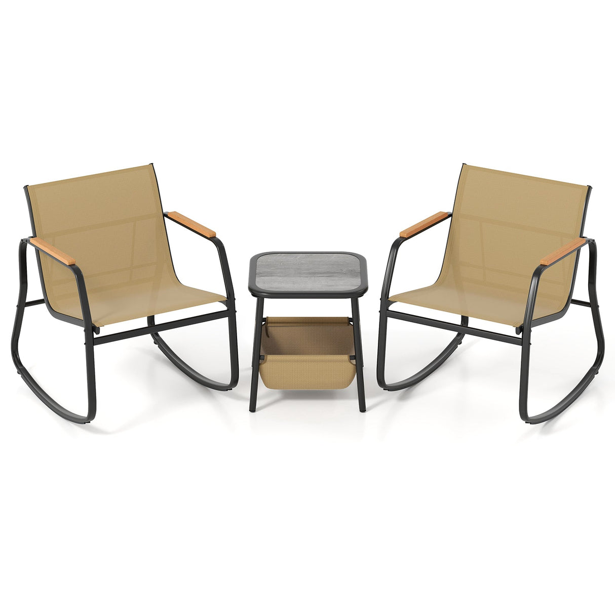 3 Piece Rocking Bistro Chairs and Side Table Set with Storage Bag-Brown