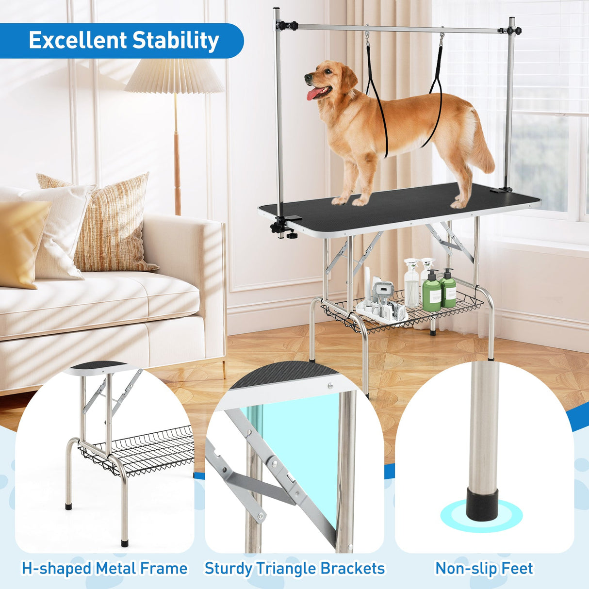 Mesa de peluquería canina plegable con brazos ajustables en altura - Negra