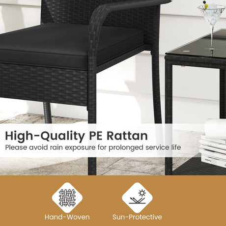Juego de muebles de patio de 3 piezas con cojines de asiento y mesa con cubierta de vidrio templado