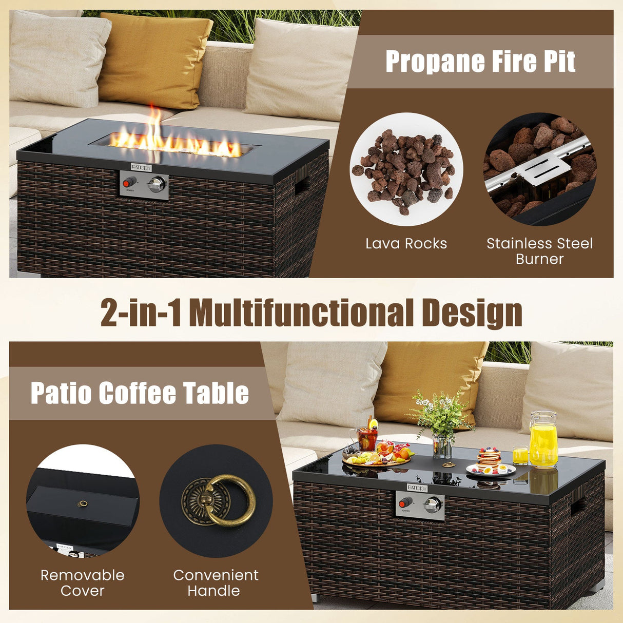 2-Piece Outdoor Rattan Fire Table Set 32 Inch Rectangle Gas Firepit with Tank Cover