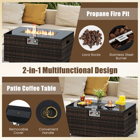Juego de 2 piezas de mesa de fuego de ratán para exterior, fogón de gas rectangular de 32 pulgadas con cubierta para el tanque