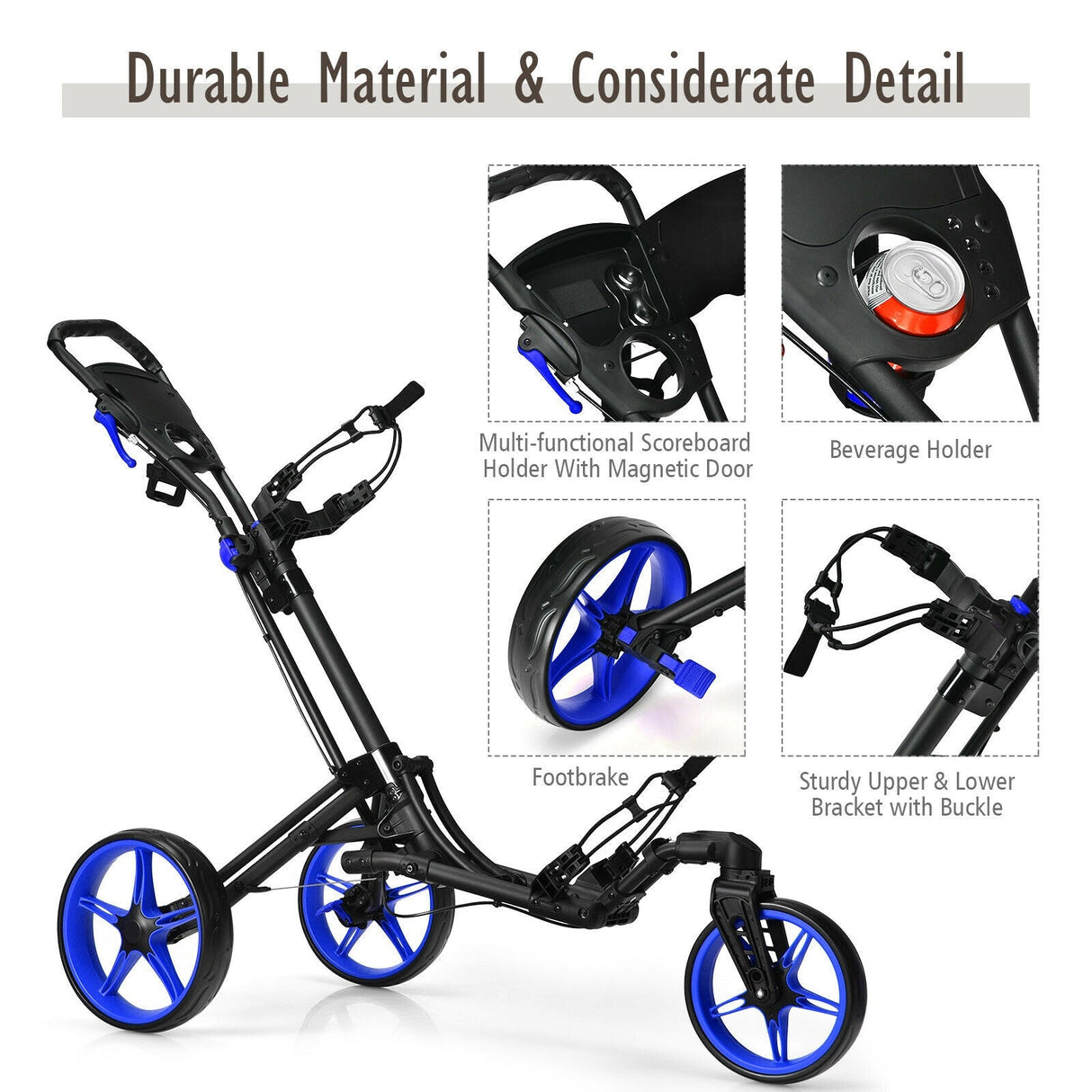 Carro de golf plegable con marcador, mango ajustable y rueda giratoria