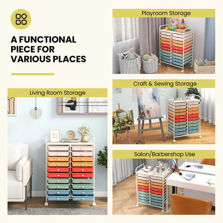 Mueble organizador de estudio con ruedas y 20 cajones, multicolor profundo