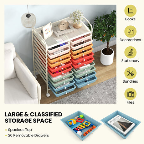 Mueble organizador de estudio con ruedas y 20 cajones, multicolor profundo