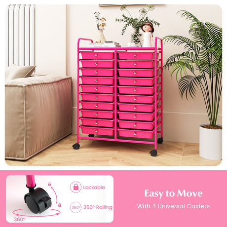 20 cajones extraíbles, carrito de almacenamiento rodante, organizador de estudio, rosa