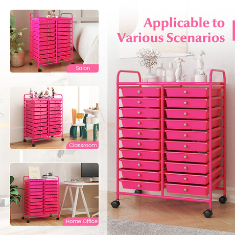 20 cajones extraíbles, carrito de almacenamiento rodante, organizador de estudio, rosa
