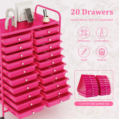 20 cajones extraíbles, carrito de almacenamiento rodante, organizador de estudio, rosa