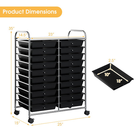 Carrito organizador de estudio con 20 cajones, con ruedas - Negro