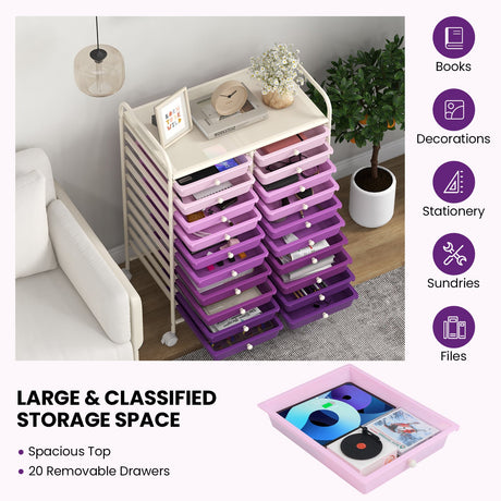 Carrito de almacenamiento con ruedas de 20 cajones Organizador de estudio - Morado