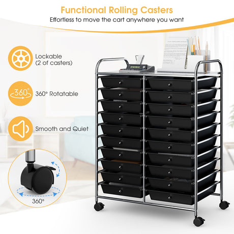 Carrito organizador de estudio con 20 cajones, con ruedas - Negro