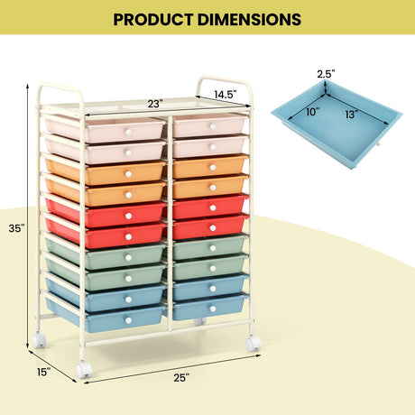 Mueble organizador de estudio con ruedas y 20 cajones, multicolor profundo