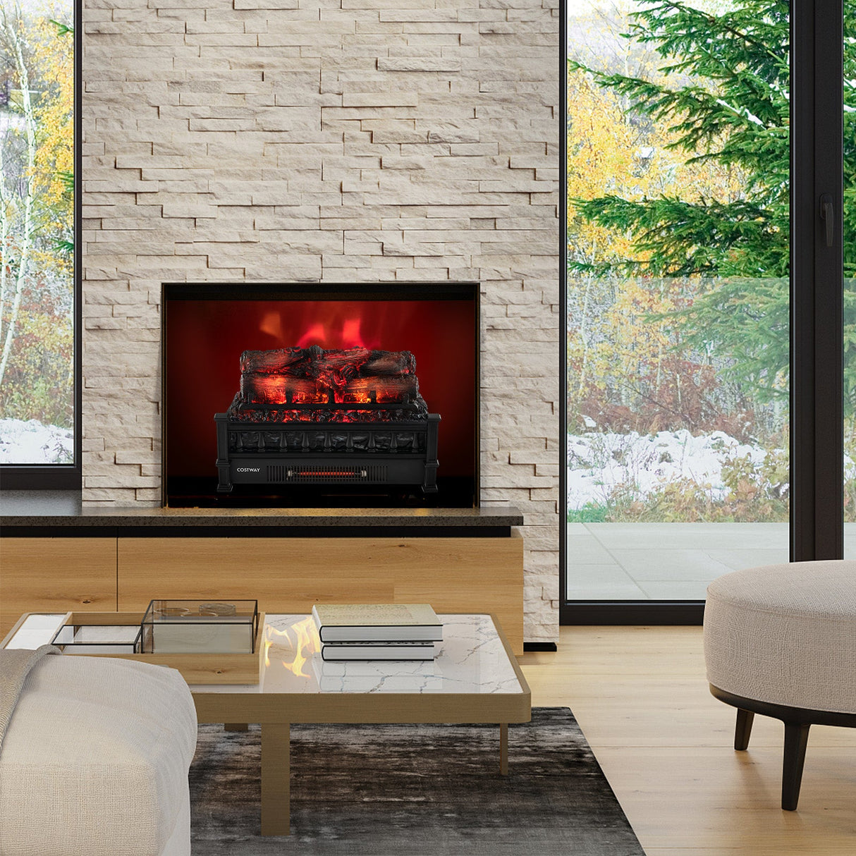 Calefactor eléctrico de chimenea de 20 pulgadas con lecho de brasas de pino de aspecto realista - Negro