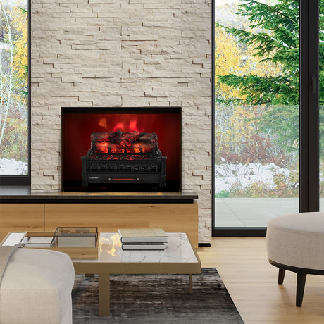 Calefactor eléctrico de chimenea de 20 pulgadas con lecho de brasas de pino de aspecto realista - Negro
