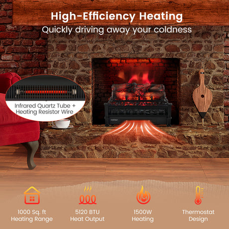 Calefactor eléctrico de chimenea de 20 pulgadas con lecho de brasas de pino de aspecto realista - Negro