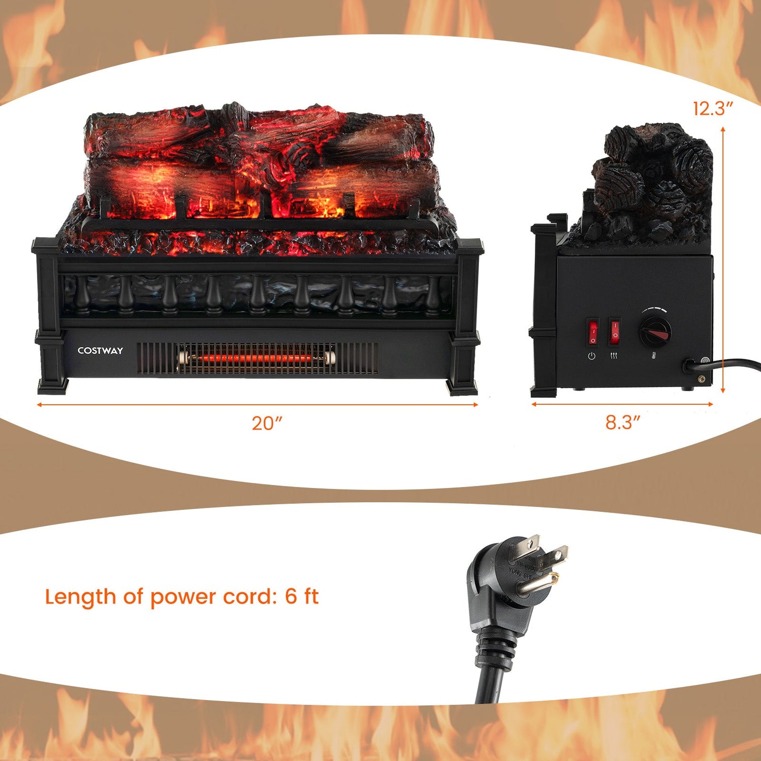 Calefactor eléctrico de chimenea de 20 pulgadas con lecho de brasas de pino de aspecto realista - Negro