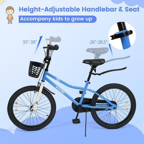 Bicicleta Infantil de 20 Pulgadas, Ajustable con Pata de Cabra y Cesta de Almacenamiento para Mayores de 8 Años