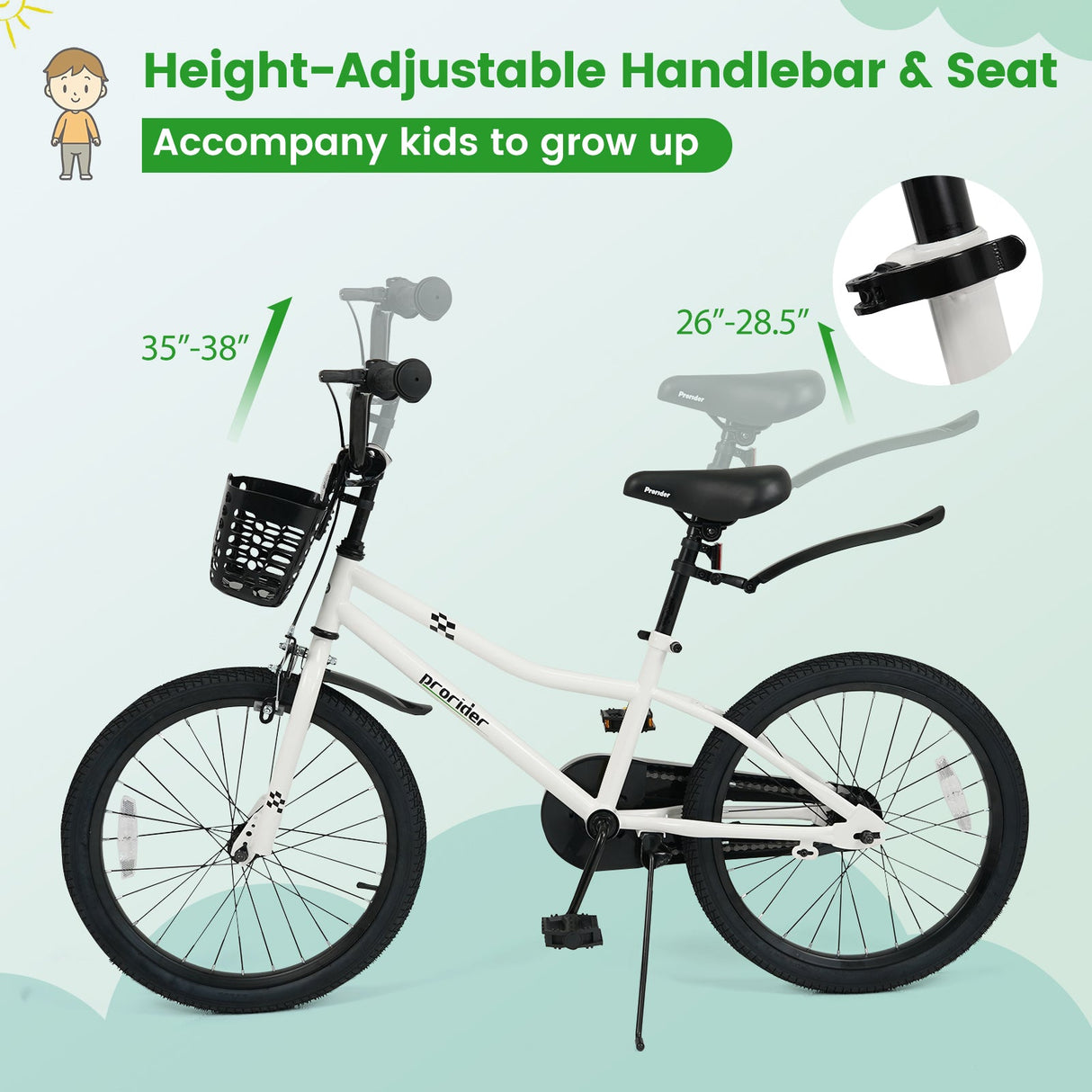 Bicicleta Infantil de 20 Pulgadas, Ajustable con Pata de Cabra y Cesta de Almacenamiento para Mayores de 8 Años