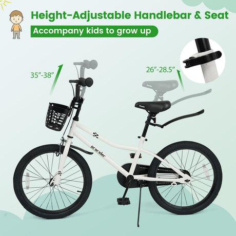 Bicicleta Infantil de 20 Pulgadas, Ajustable con Pata de Cabra y Cesta de Almacenamiento para Mayores de 8 Años