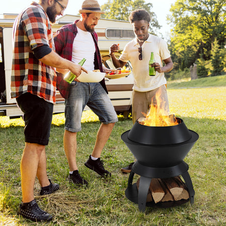 Brasero de metal para patio de 20 pulgadas con soporte para olla y estante de almacenamiento - Negro
