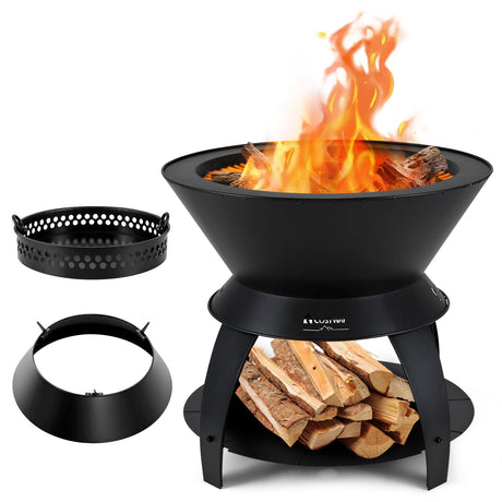 Brasero de metal para patio de 20 pulgadas con soporte para olla y estante de almacenamiento - Negro