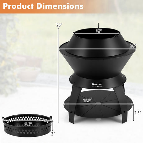 Brasero de metal para patio de 20 pulgadas con soporte para olla y estante de almacenamiento - Negro