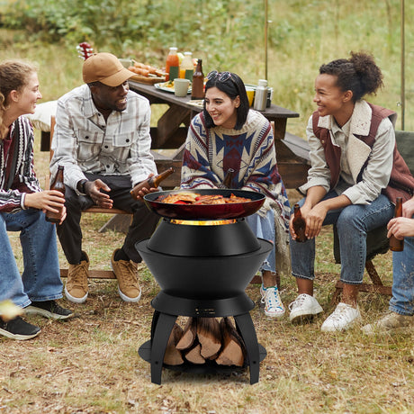 Brasero de metal para patio de 20 pulgadas con soporte para olla y estante de almacenamiento - Negro