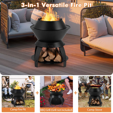 Brasero de metal para patio de 20 pulgadas con soporte para olla y estante de almacenamiento - Negro