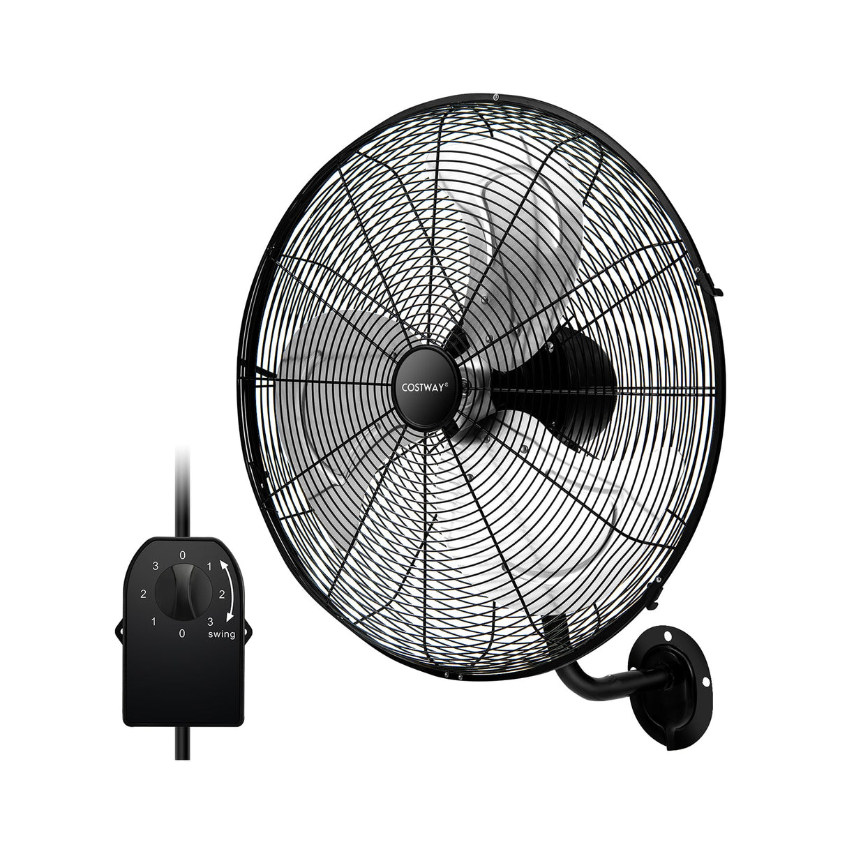 Ventilador de pared de 20 pulgadas con 3 velocidades y cabezal inclinable ajustable - Negro
