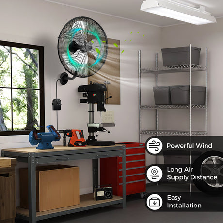 Ventilador de pared de 20 pulgadas con 3 velocidades y cabezal inclinable ajustable - Negro