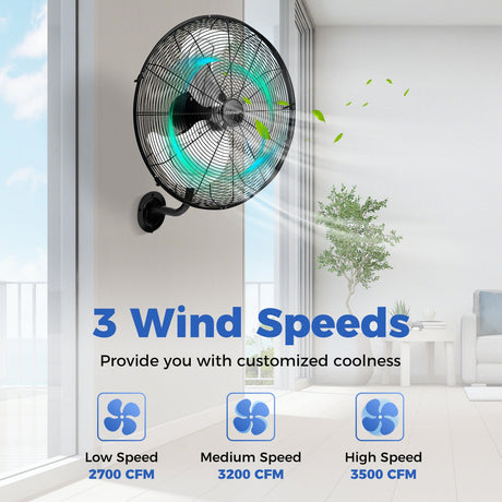 Ventilador de pared de 20 pulgadas con 3 velocidades y cabezal inclinable ajustable - Negro