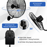Ventilador de pared de 20 pulgadas con 3 velocidades y cabezal inclinable ajustable - Negro