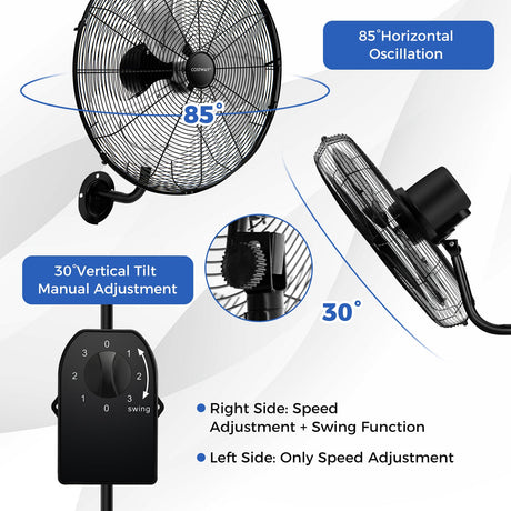 Ventilador de pared de 20 pulgadas con 3 velocidades y cabezal inclinable ajustable - Negro