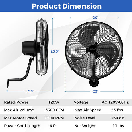 Ventilador de pared de 20 pulgadas con 3 velocidades y cabezal inclinable ajustable - Negro