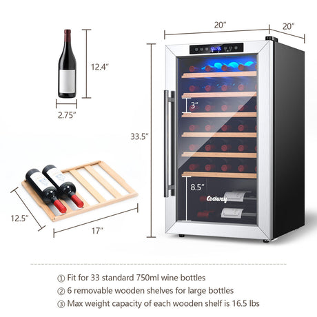 Vinoteca de 20 pulgadas para 33 botellas y puerta de vidrio templado-Plateada