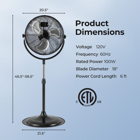 Ventilador de Pedestal de Alta Velocidad de 18 Pulgadas con 3 Velocidades y Altura Ajustable-Negro