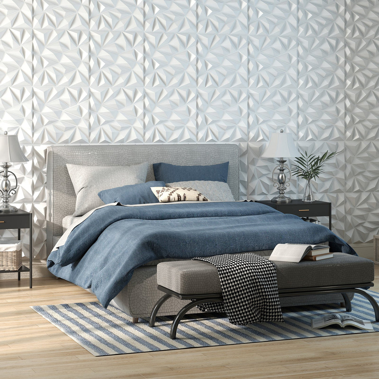 Paquete de 20 paneles de pared 3D con patrones decorativos de diamante - Blancos
