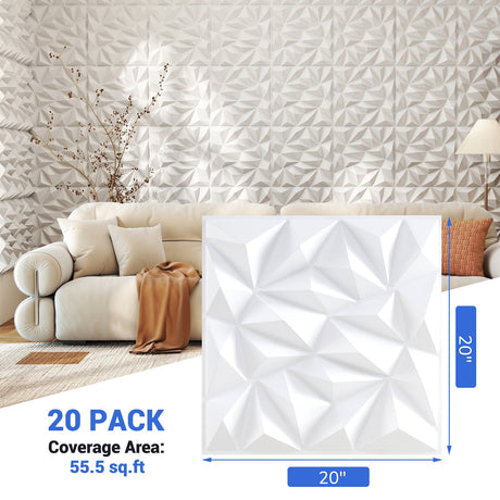 Paquete de 20 paneles de pared 3D con patrones decorativos de diamante - Blancos