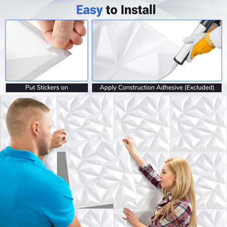 Paquete de 20 paneles de pared 3D con patrones decorativos de diamante - Blancos