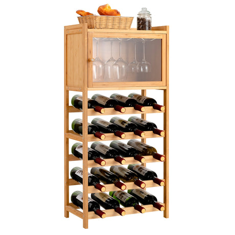 Botellero de bambú independiente para 20 botellas con estante de exhibición y colgador de copas - Natural