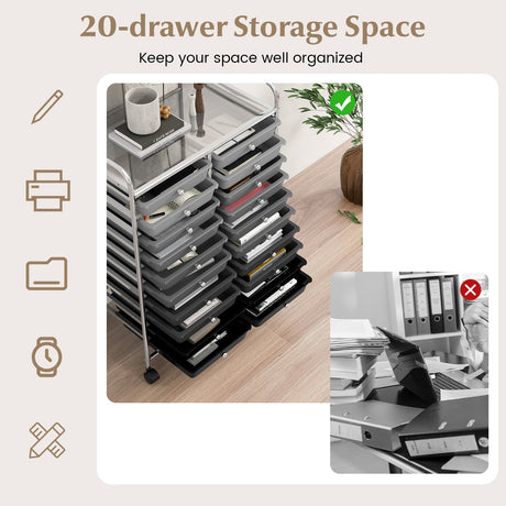 Carrito organizador rodante de 20 cajones para estudio - Negro y gris