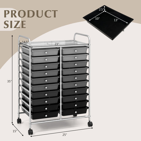 Carrito organizador rodante de 20 cajones para estudio - Negro y gris