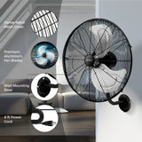 Ventilador de pared de 20 pulgadas con 3 velocidades y cabezal inclinable ajustable - Negro